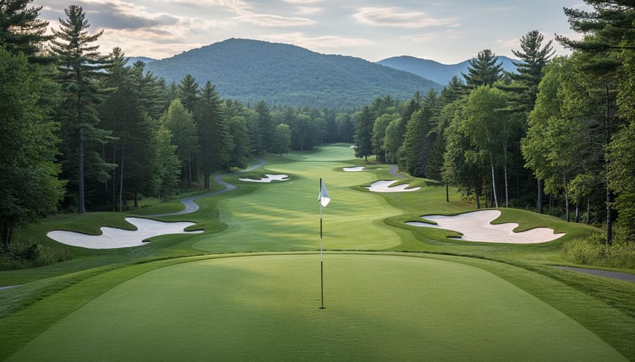 Wide view down a classic golf fairway with bunkers and a distant green