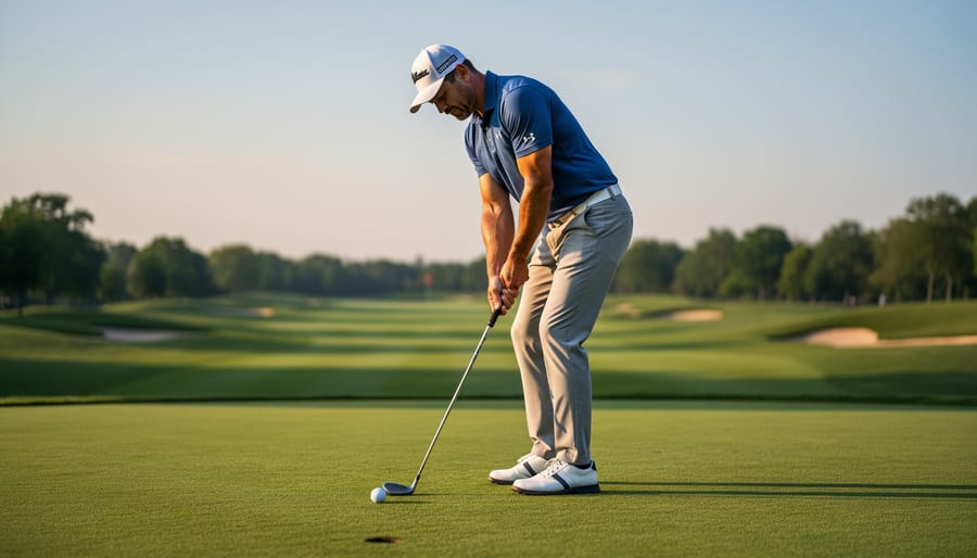 Golfer in tournament attire preparing to hit from a tee with fairway and trees blurred in the background