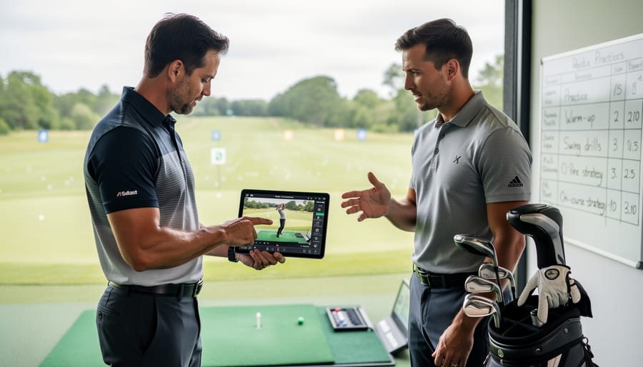 Golf coach and golfer reviewing swing practice with a smartphone on a tripod in an indoor training area