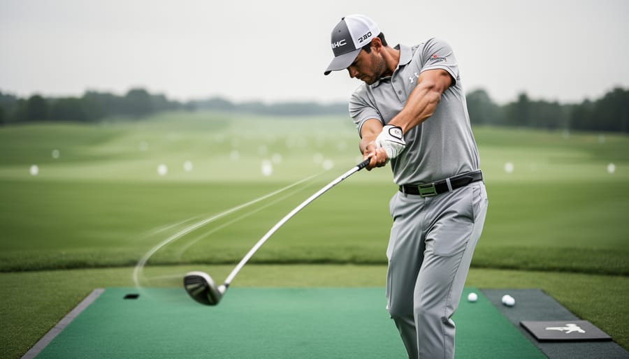 Golfer mid-swing on a driving range with the club and arms in sharp focus, visually suggesting an improved inside-to-out downswing path.