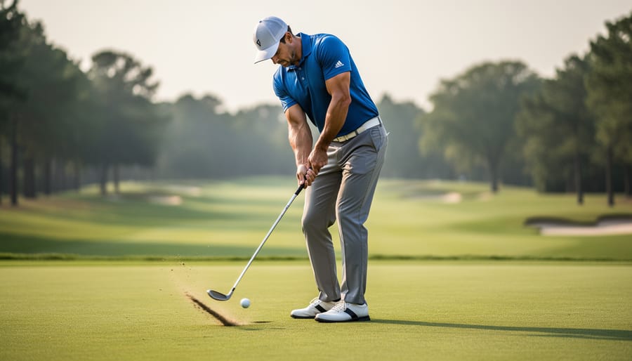 Golfer captured at impact with hips turned toward the target and weight shifted onto the lead leg on a driving range.