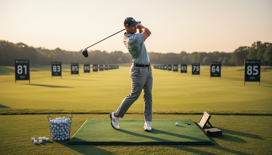 Golfer practicing a driver swing on a golf range under natural daylight