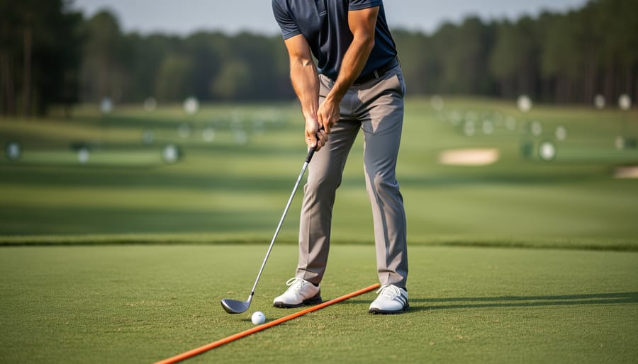 Golfer at address on a practice fairway with an alignment stick placed along the intended target line