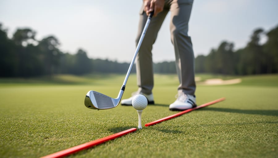 Golf club and ball positioned for practice with a mirror and smartphone used for feedback near the stance.