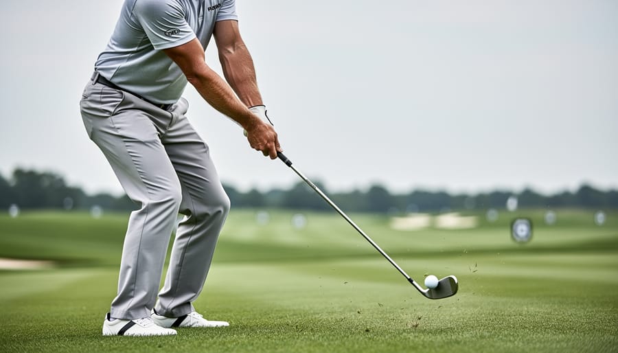 Golfer at impact with hips shifted toward the target and weight on the lead leg, hands ahead of the clubhead, hitting an iron on a driving range.