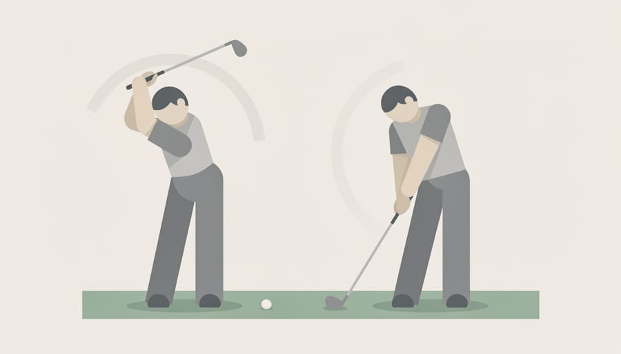 Golfer practicing a short half swing with the club shaft held parallel to the ground at hip height to reinforce impact position feel.
