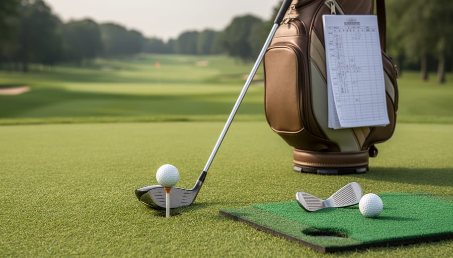 “Golfer’s training setup on a golf course with a club at address, chipping mat and balls for short-game practice, and a notepad on a golf bag.”