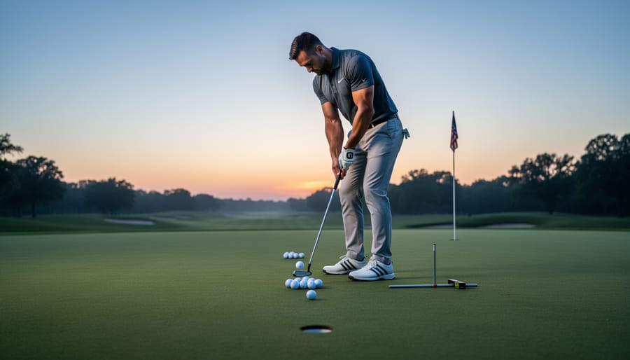 Golfer putting on a practice green at dusk with warm evening lighting