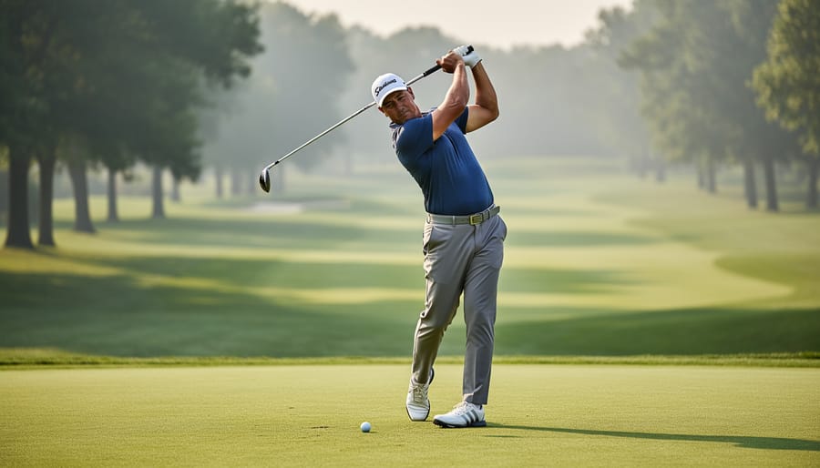 Golfer frozen at the top of the backswing on a practice range during a slow-motion drill