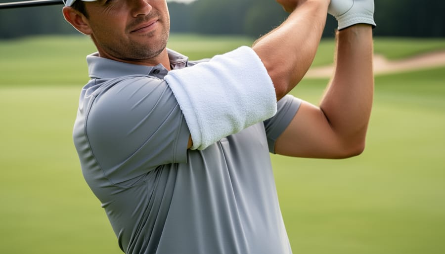 Close-up of a golfer practicing with a towel held under the lead arm against the body
